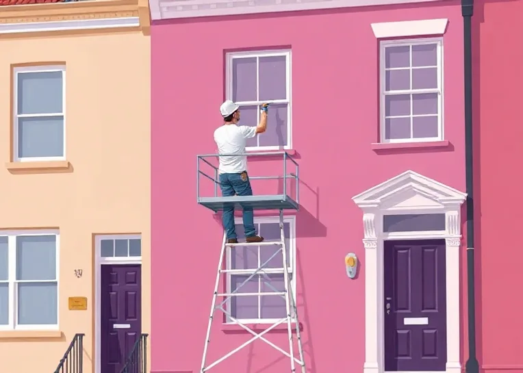 Peintre sur échafaudage traitant la façade d'une maison